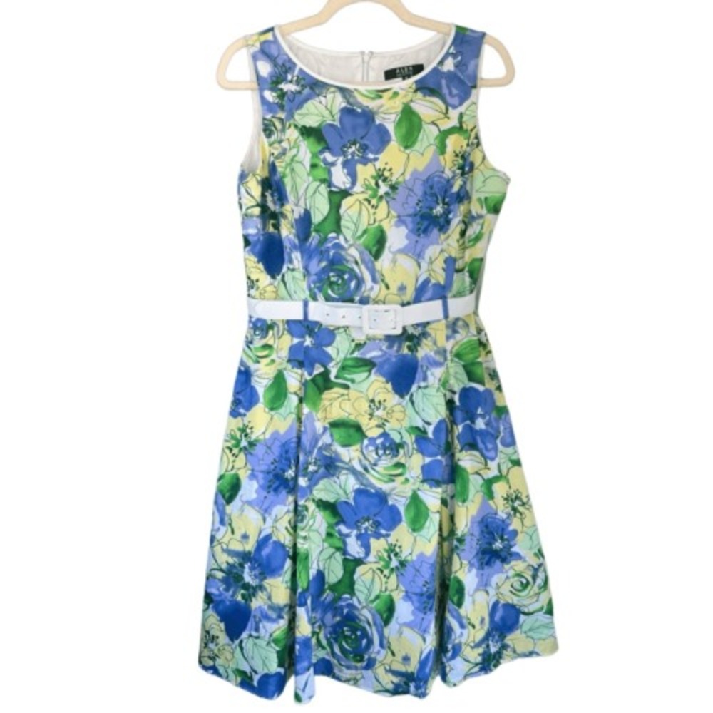 D1 Alex Marie Floral Print Fit & Flare Dress Sleeveless White Belt Size 10‎